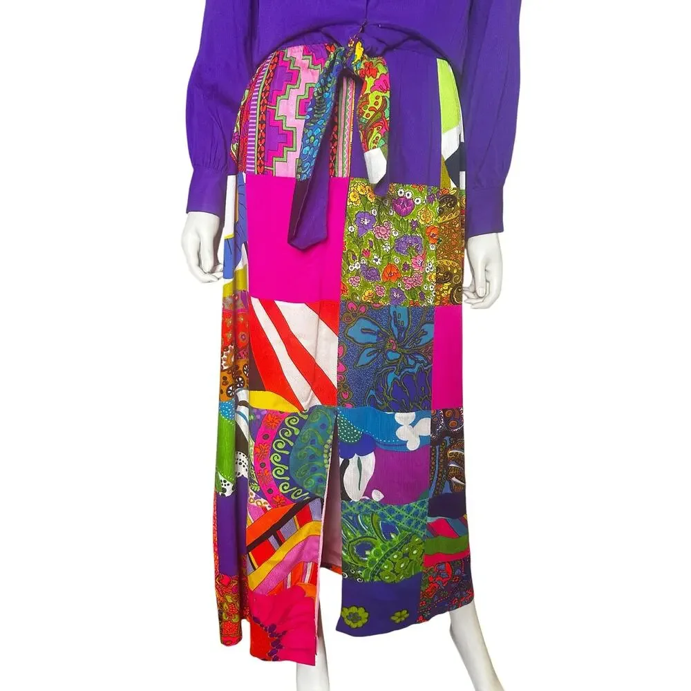 Vtg 1970s Krist Psychedelic Patchwork Maxi Dress Acrylic Barkcloth psychedelic